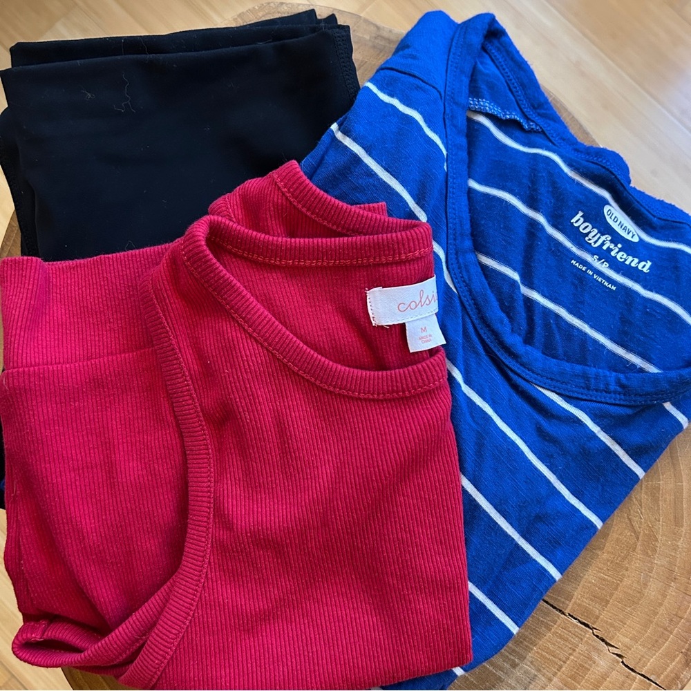 3-for-1 Basics Bundle - Black leggings, red tank, and blue striped boyfriend tee